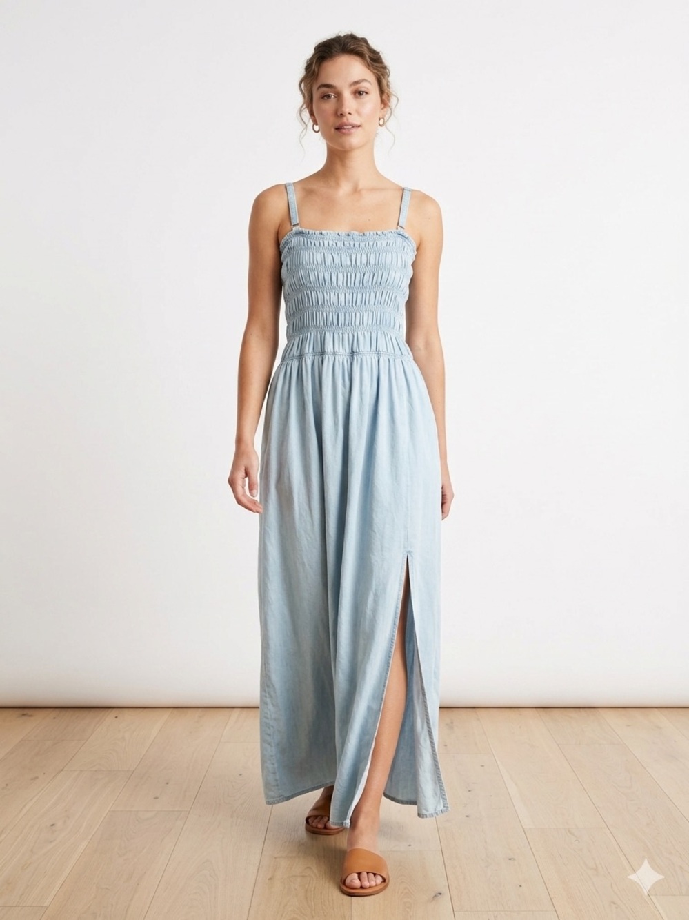 SOLD 
Smocked Sky Blue Maxi Dress with Side Slit